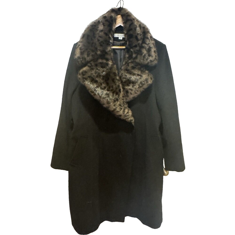 Via Spiga Leopard Faux Fur Wool Blend Coat Black SIZE XL